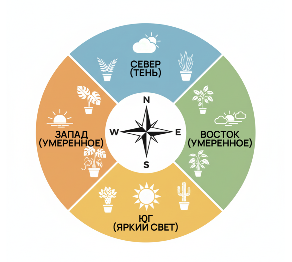 схема освещенности по стронам света: на какое окно поставить растения