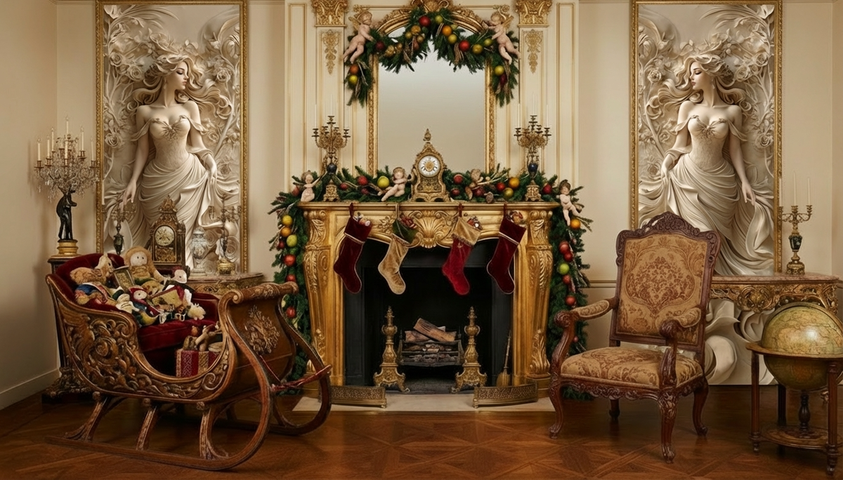 Интерьер резиденции Деда Мороза в стиле ренессанс. Акцентная отделка стен - флизелиновые фотообои VEROL. Артикул на WB: 393924229.