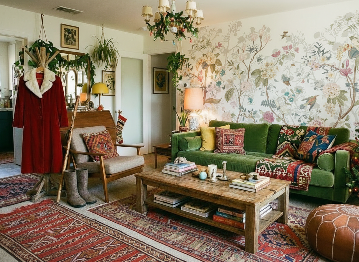 Интерьер резиденции Деда Мороза в стиле эклектика. Акцентная отделка стен - флизелиновые фотообои VEROL. Артикул на WB: 225076680.