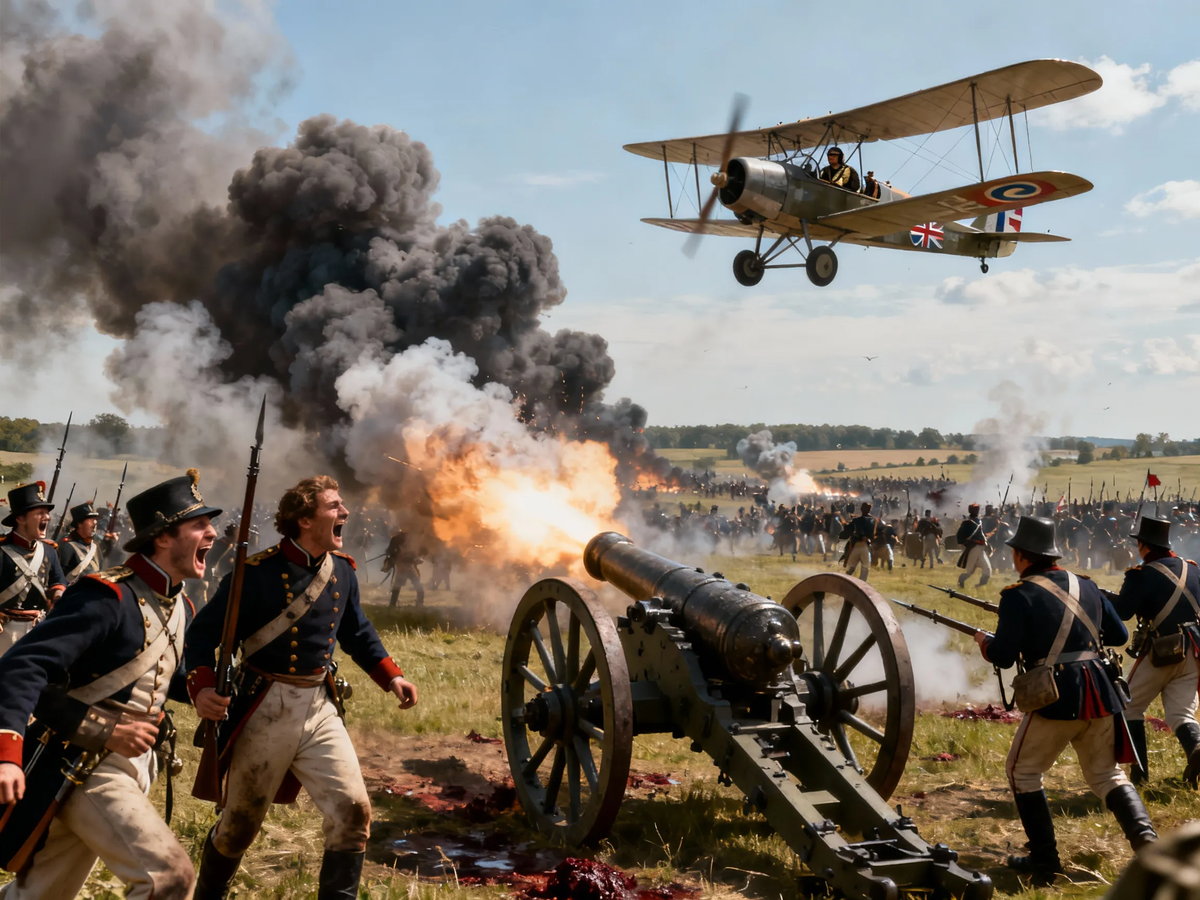 Именно такой вид, по легенде, открылся пилоту «Спитфайра». Вот только в 1815 году наблюдать за битвой могли лишь птицы да сквозь дым прицела — артиллеристы.