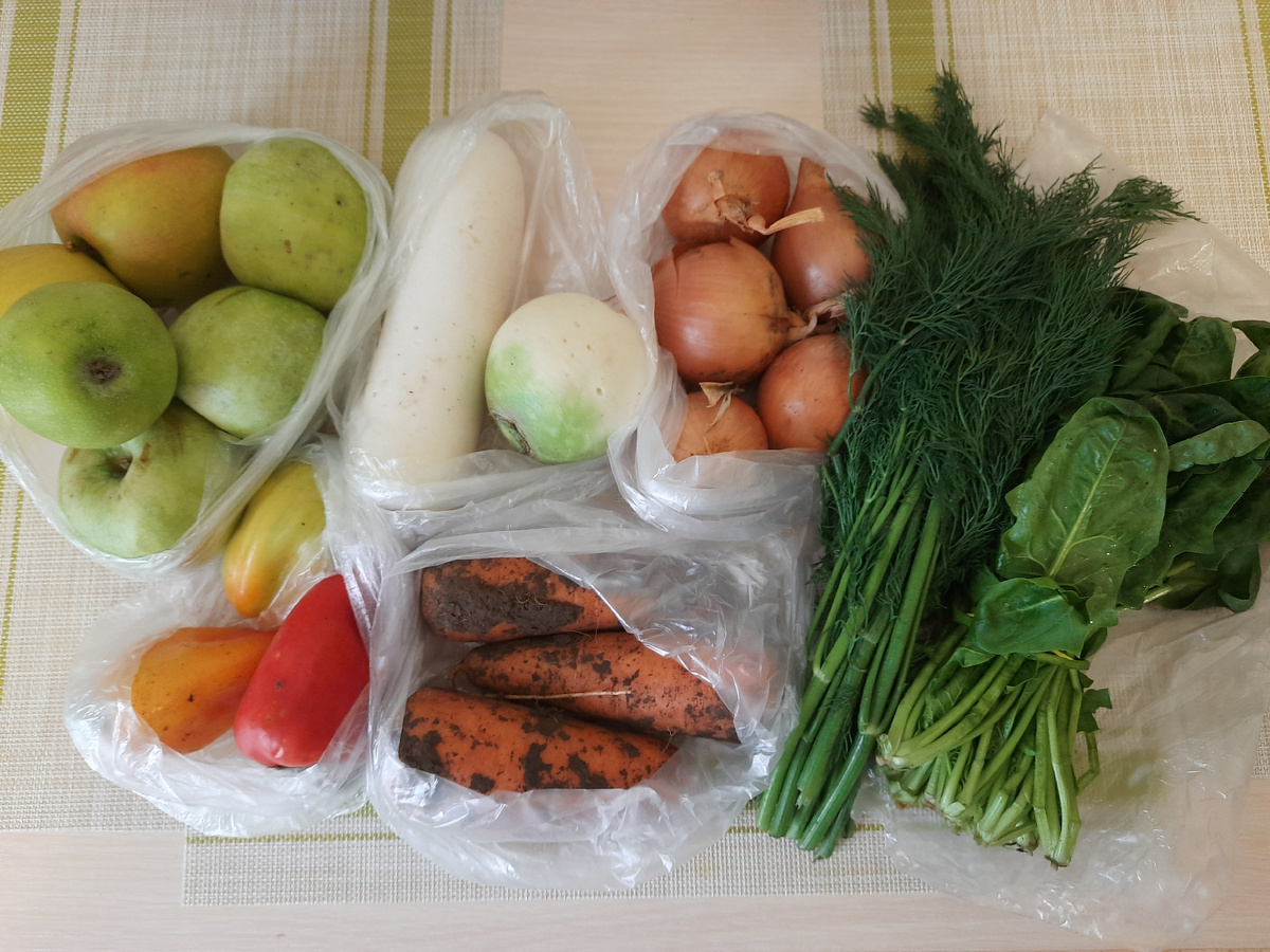 Яблоки по 80, перец по 100, редька по 50, лук и морковь по 45, шпинат и укроп по 300 за кг