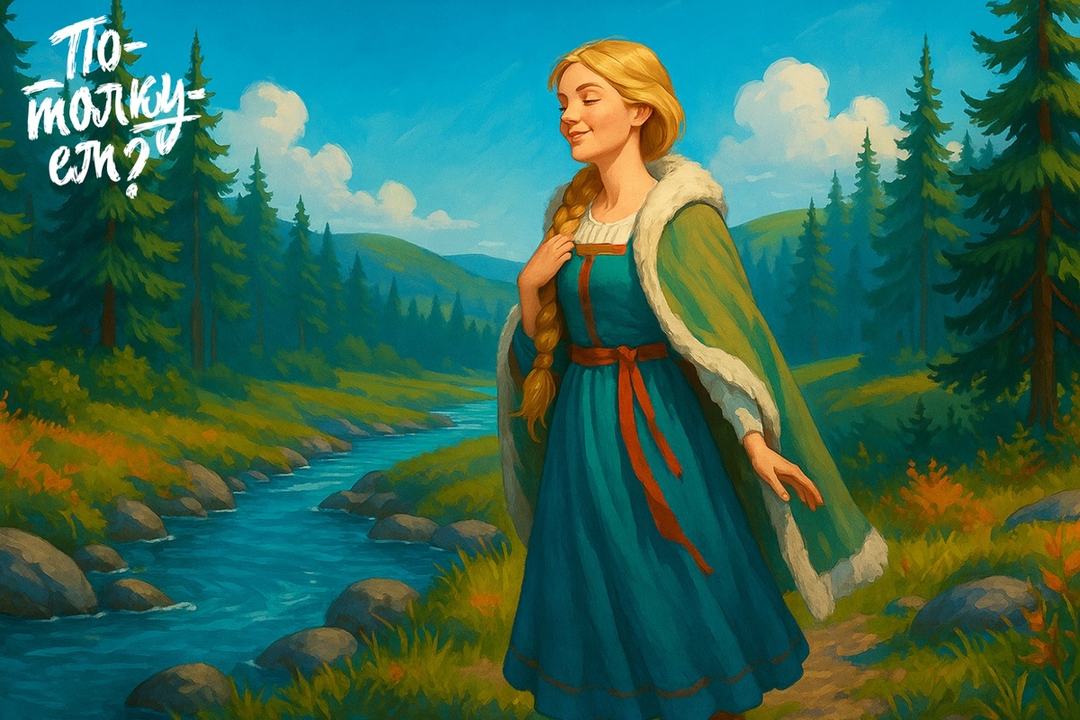 Девушка в сарафане стоит у реки среди хвойного леса и слушает ветер