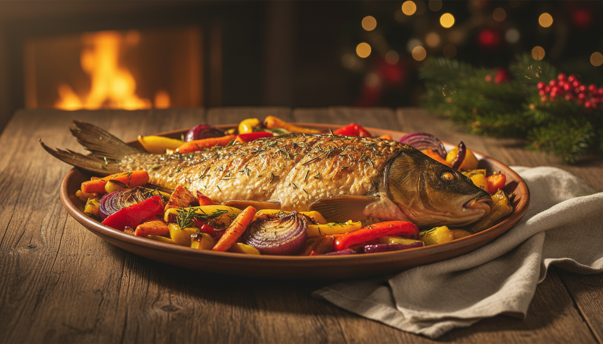 Запечённый карп с овощами