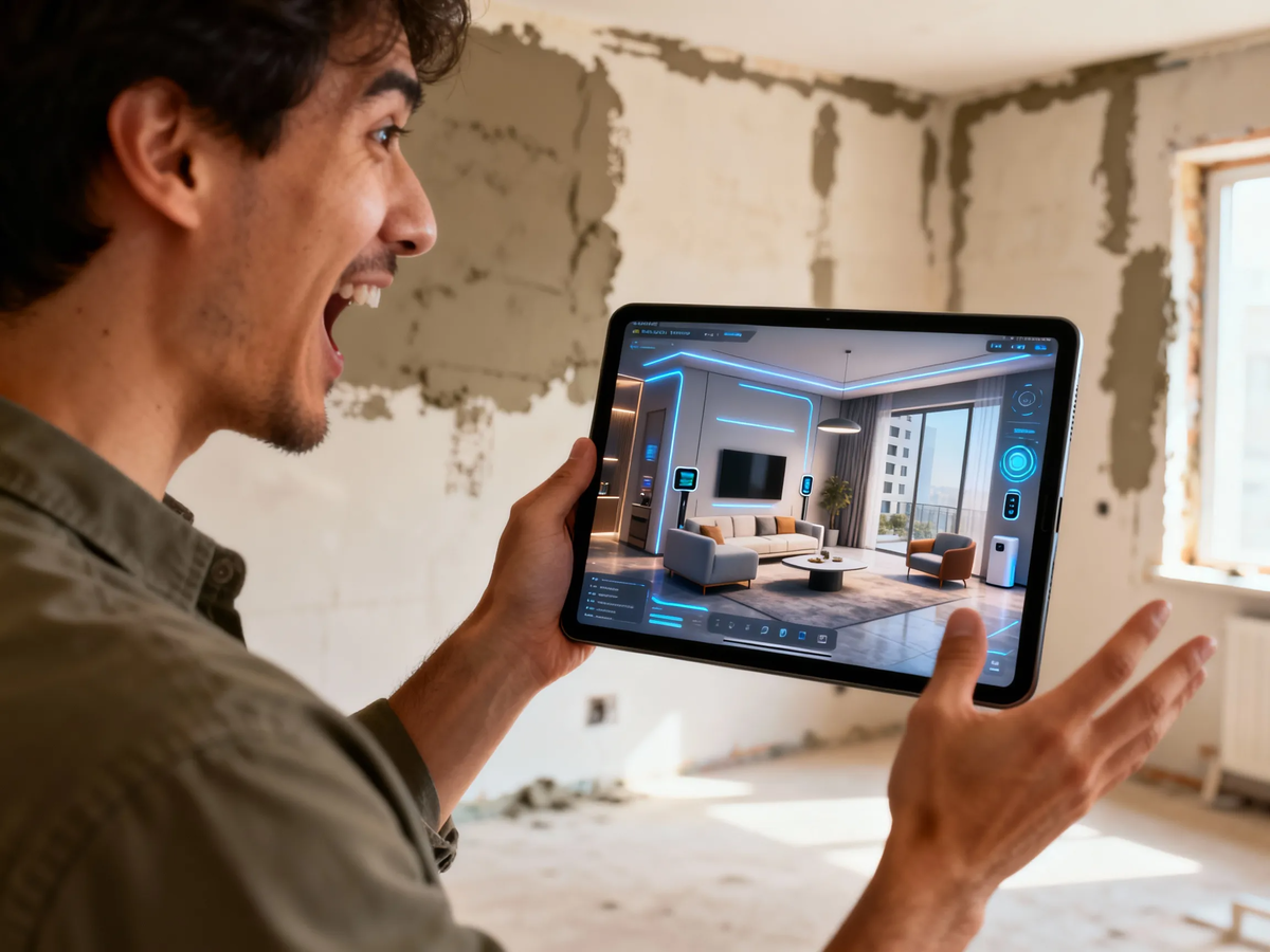 Аркадий Сергеевич демонстрирует классический подход: планшет с 3D-визуализацией в руках, голова — в облаках технологий, а под ногами — будущая проблемная стяжка. Так рождаются бюджетные дыры в полмиллиона: когда красивая картинка побеждает законы физики.