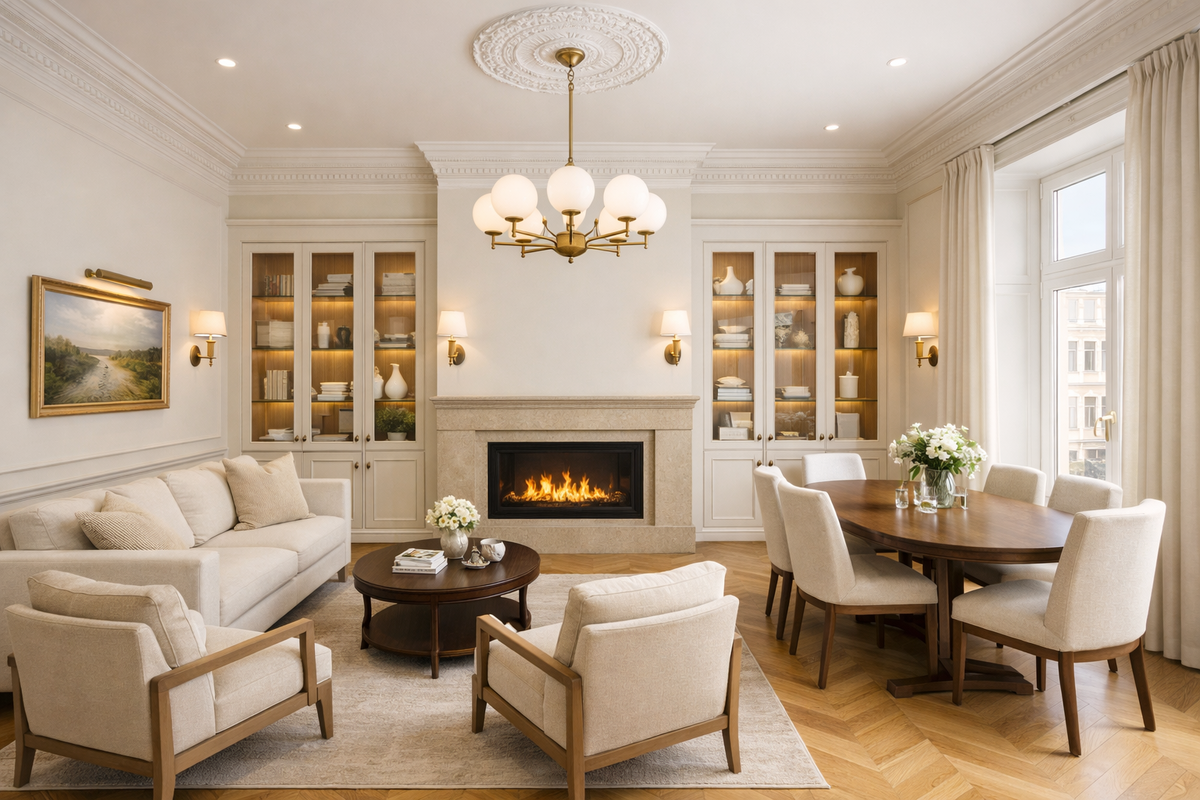 Гостиная‑столовая неоклассика в историческом фонде СПб: камин‑портал, овальный стол на 6 и «журнальный»