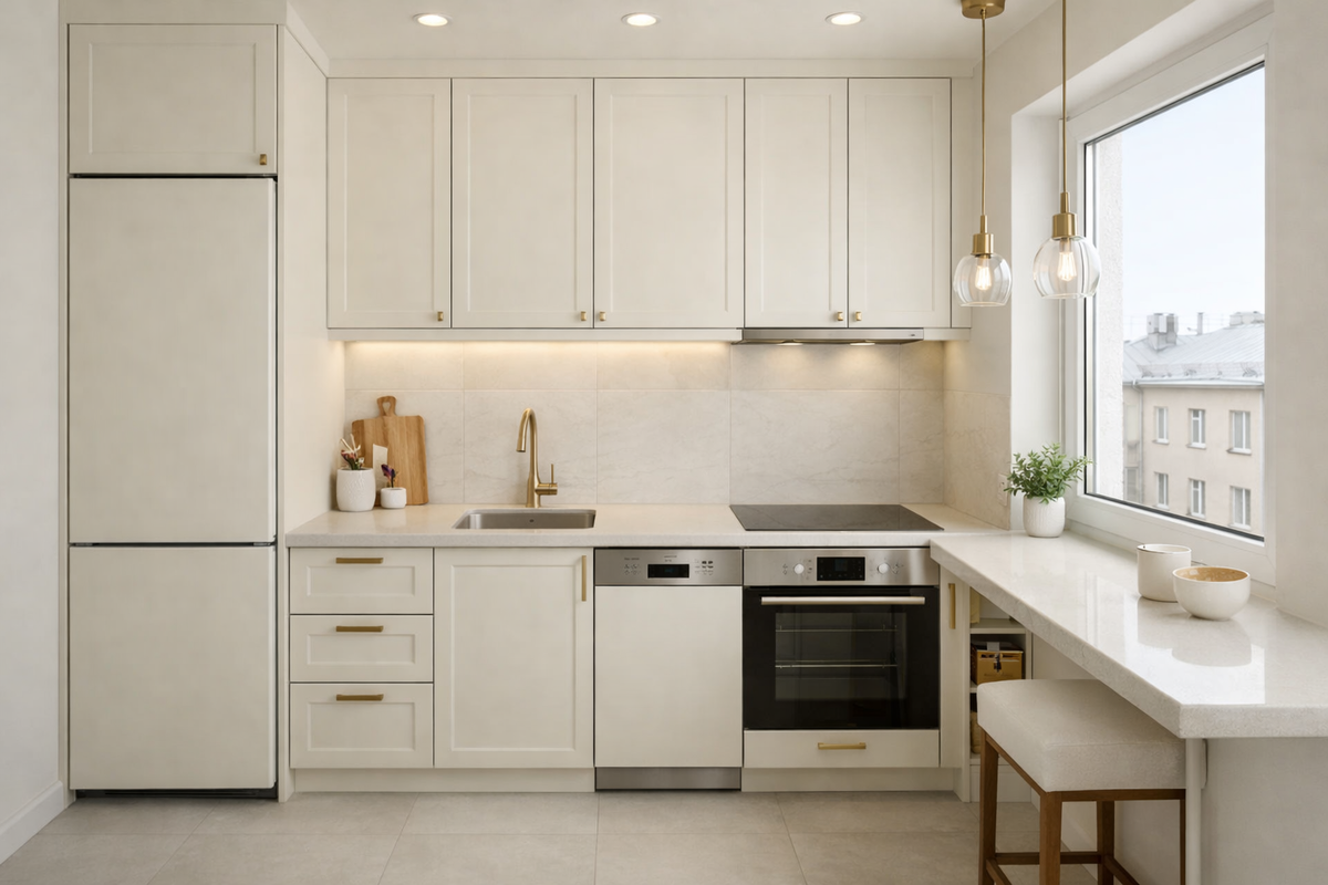 Кухня 5,5 м² в хрущёвке СПб: посудомойка 45 см, полноразмерная плита и кадр «дороже метража»