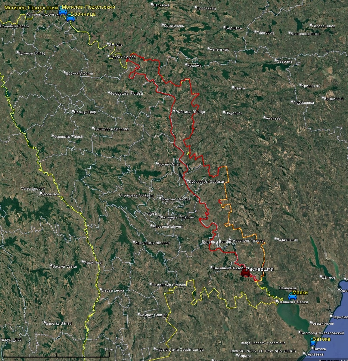 Приднестровье и некоторые мосты через Днестр. Красным показано Приднестровье