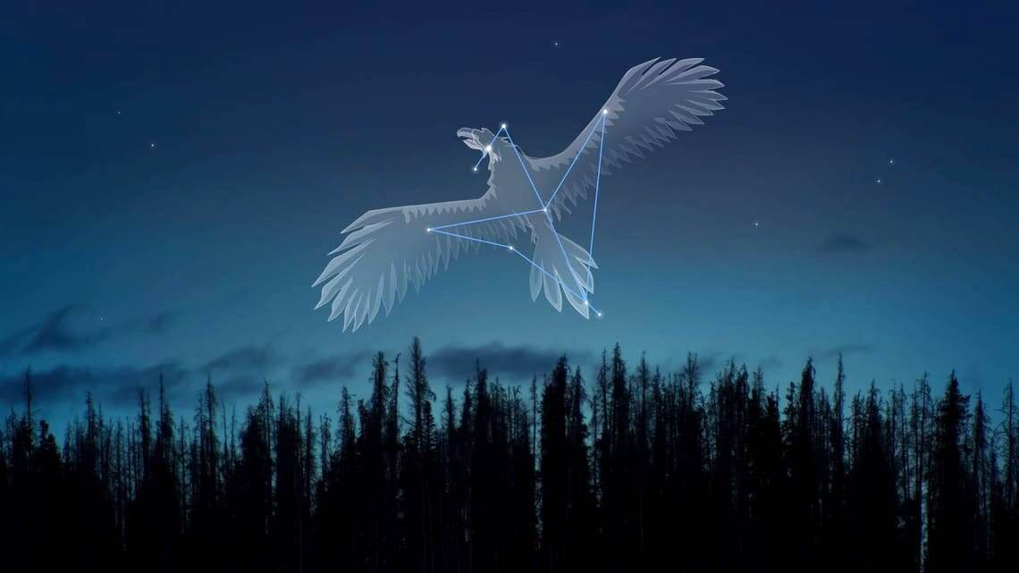 Созвездие Орла. Три звезды в линии головы орла справа налево: Таразед, Альтаир и Альшаин. © Vito Technology, Inc. Источник: starwalk.space