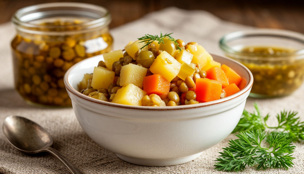 Постный ‘оливье’ без колбасы: из чечевицы, солёных огурцов и… жареного лука. Рецепт московской столовой 1987 г.  