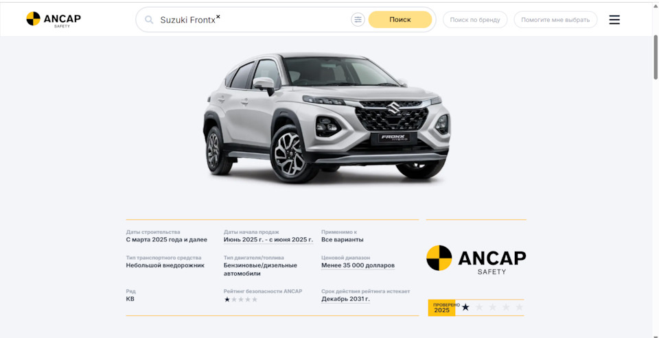 Скриншот с прокола испытаний ANCAP