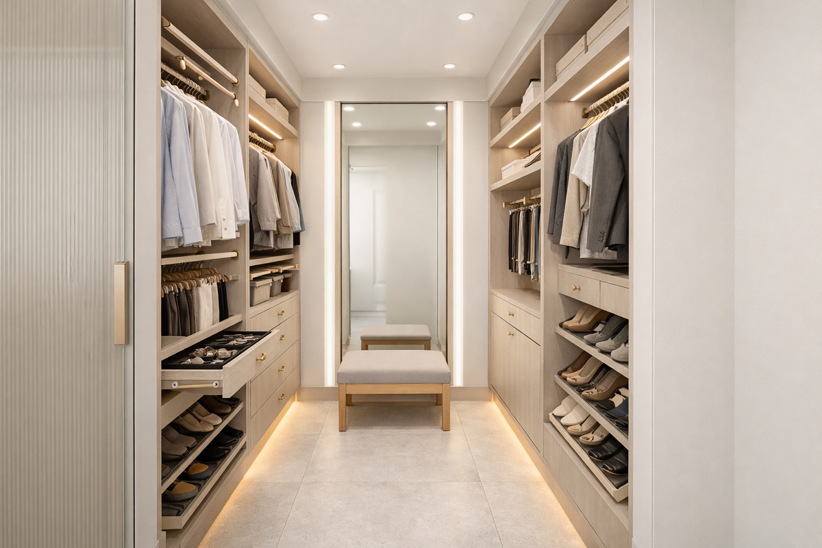 Гардеробная 2,4 м² в СПб: П‑образное хранение, штанги‑лифт и свет, который стройнит