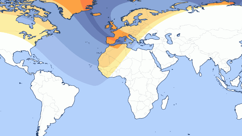 Полоса наблюдения Великого испанского затмения. Источник: timeanddate.com.