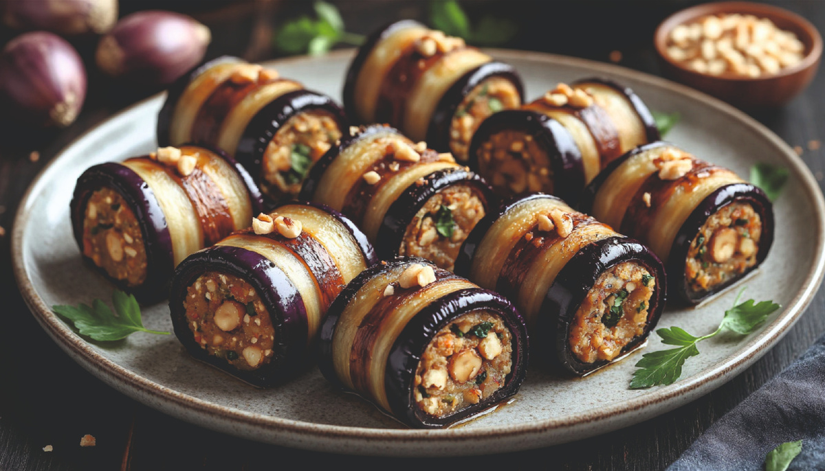 Закуска: рулетики из баклажанов с ореховой начинкой