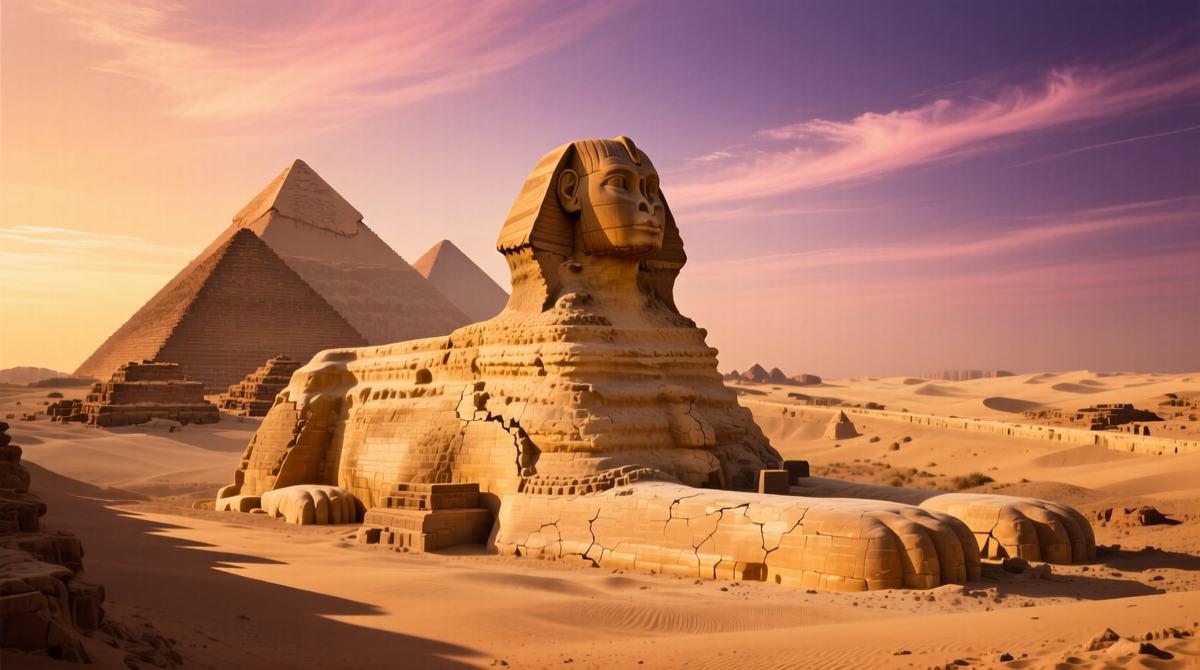 Тело льва и голова человека воплощают идею стража, охраняющего границу между миром живых и вечным царством усопших правителей.