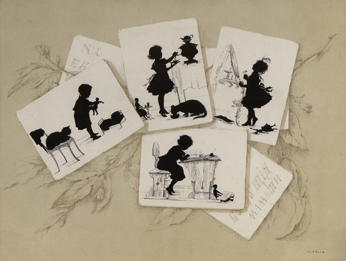 «Будущие мамаши» (№ 2). Лист из серии «Силуэты из жизни детей». Е. М. Бём, Ильин. Лит. А. Ильина. 1877 г.