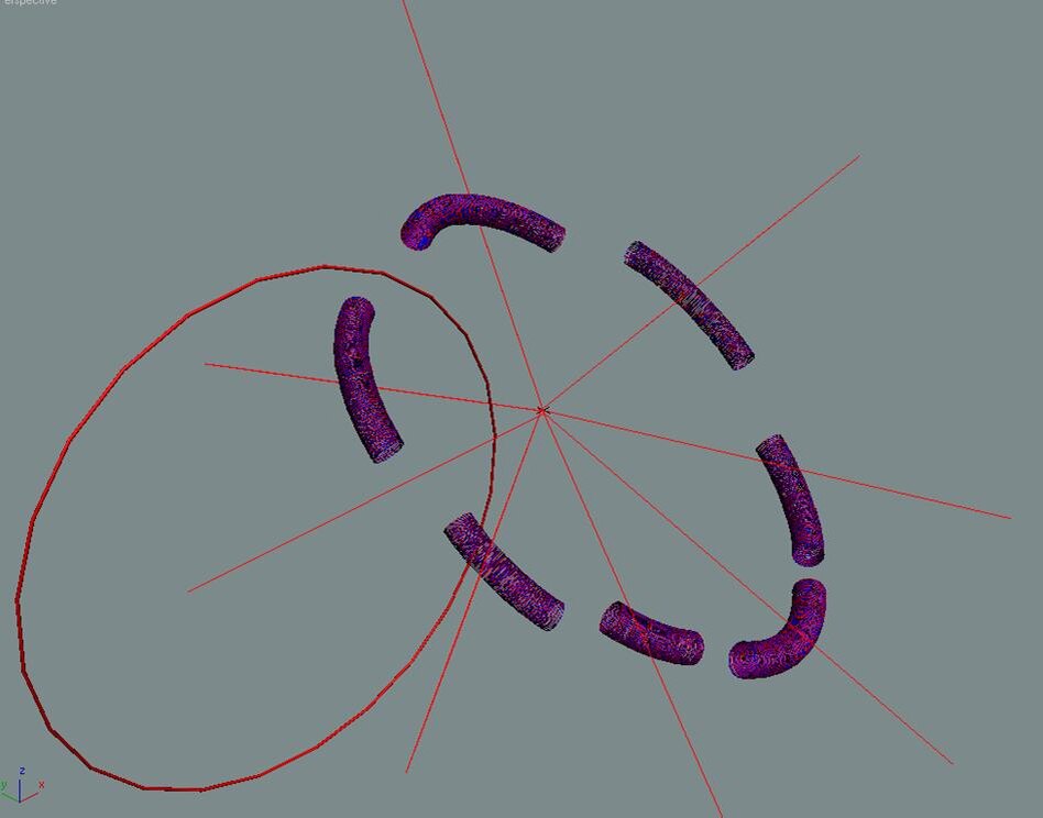 Рис. 2. Разлёт 7 осколков - мезонов от протона после столкновения.