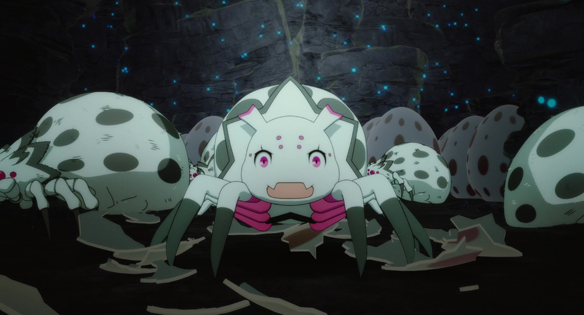 Момент пробуждения в теле паука в темной пещере. Кадр из аниме «Да, я паук, и что с того?» (So I’m a Spider, So What?), 2021, студия Millepensee. © Okina Baba, Tsukasa Kiryu / KADOKAWA