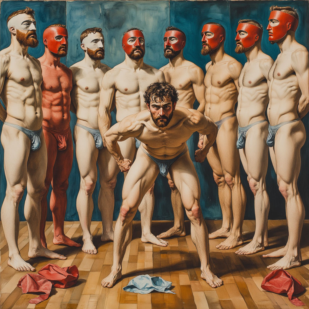 Картина известной нейросети 21 века "Поза подчинения", иллюстрирующая визуальными метафорами социальную структуру травли: анонимность (маски) и властное (возвышенное) положение субъектов травли, подчиненное и неанонимное положение объекта травли