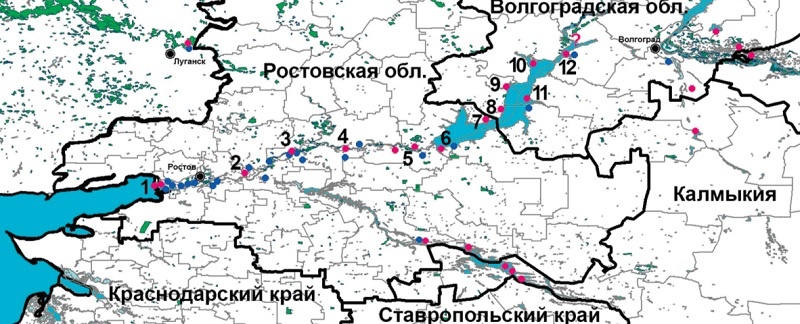 Гнездовые колонии большого баклана на Нижнем Дону и Волге. Синими пуансонами показаны искусственные рыборазводные пруды.