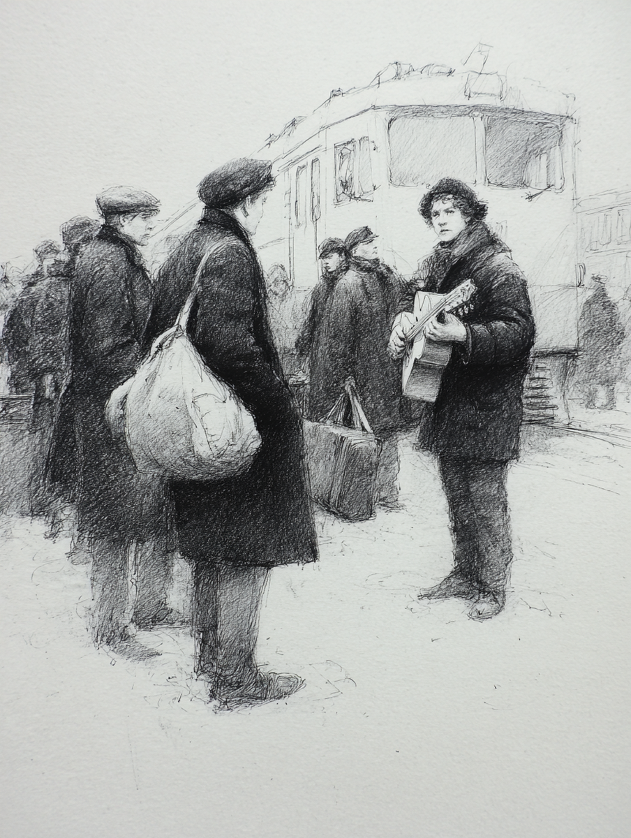 Рисунок созданный описанием автора статьи с помощью программы ИИ. Скоро в Дальний путь. Молодежь на перрорене жд станции.