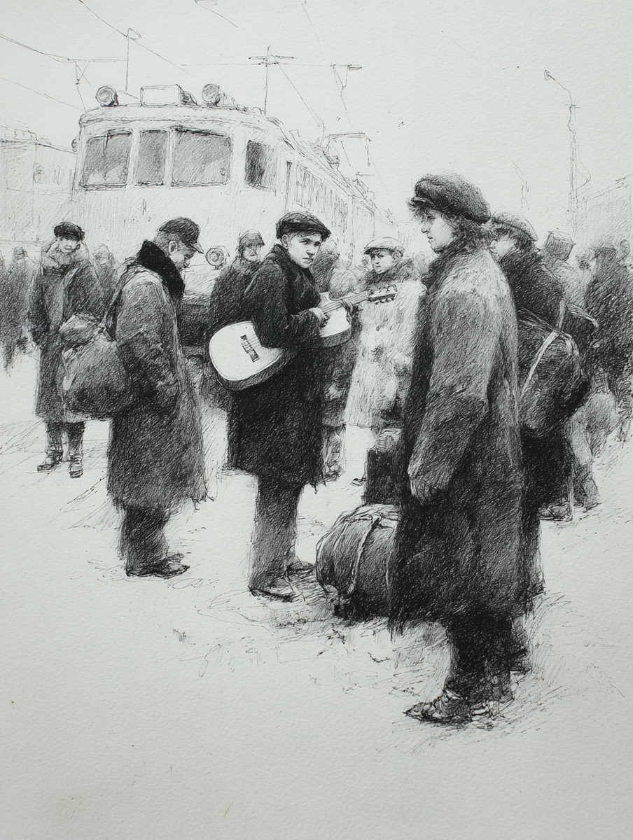 У поезда собралось много народу. Скоро посадка в холодные вагоны, нас сразу предупредили, водку будут изымать. Удивительно, что родители некоторых пацанов приехали даже в Егоршино. Но зачем это, лишние нервы, лишние слезы. У парнишки гитара, он не расстается с ней. Капитан сказал, что в каждой роте должен быть один музыкант и один художник, тогда служба пойдет веселее, он и сам умеет, наш капитан. Иллюстрация создана по описанию автора статьи, с помощью ИИ.
