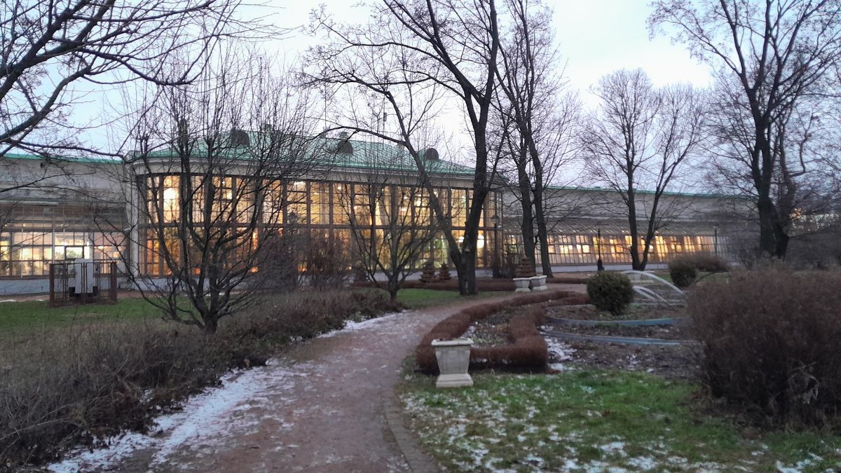 пустые клумбы между оранжереями