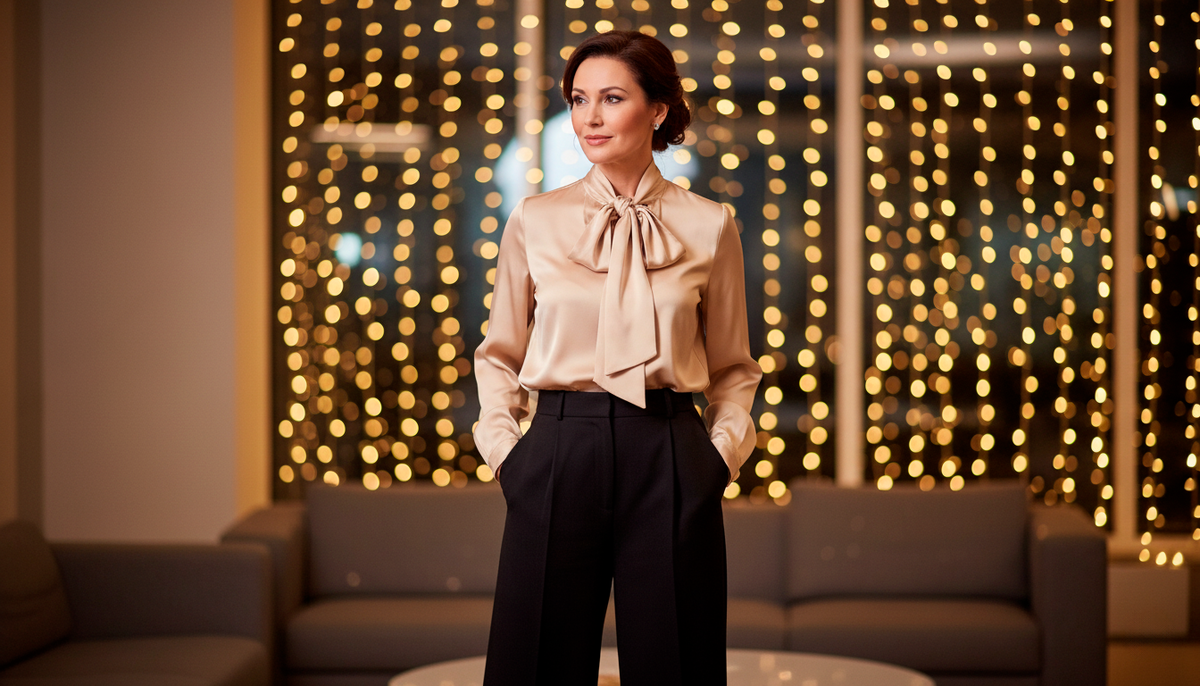 Элегантный образ с широкими брюками и нарядной блузой—беспроигрышный вариант для новогоднего корпоратива. ✅ Комфортно, стильно, современно. ❌ Никаких тесных платьев и неудобных каблуков!