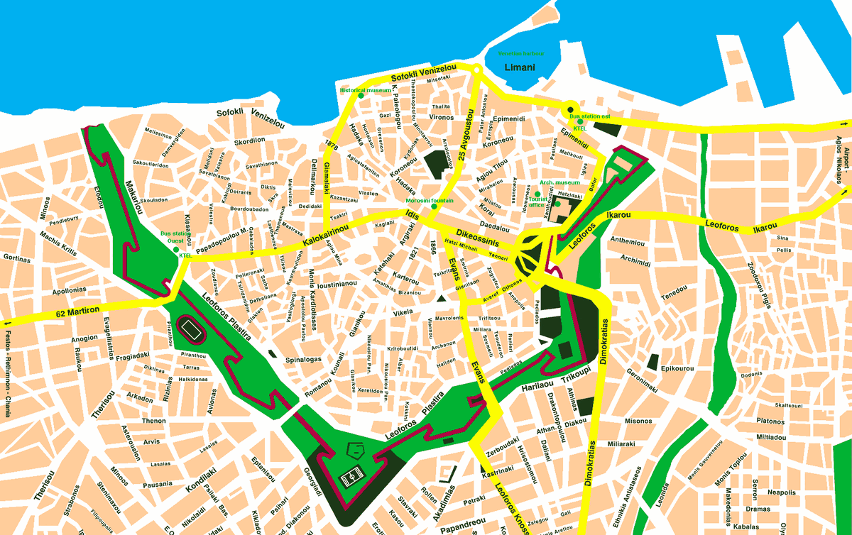 Венецианские стены Ираклиона на современной карте города