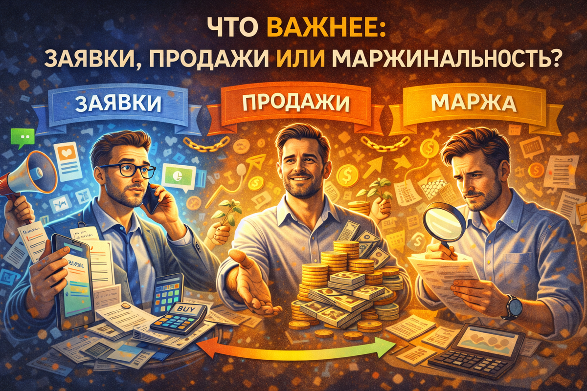Заявки важны. Продажи важны. Маржинальность — критична. Но по-настоящему зарабатывают те бизнесы, которые умеют связывать эти три вещи в одну цепочку, а не спорить, что из них «главнее».