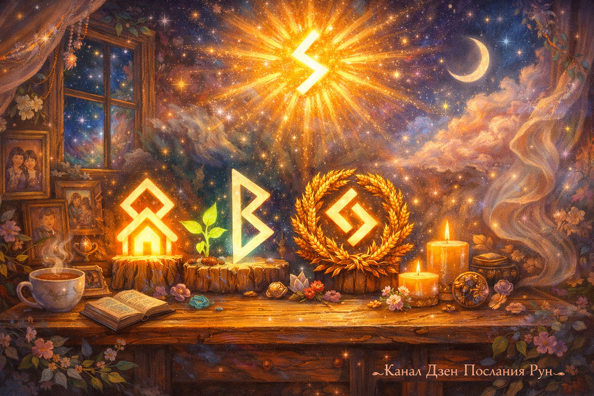 Род, дом, мечта и урожай по рунам
Домашний алтарь с рунами Отила, Беркана, Йера и сияющим солнцем — символ гадания на рунах о семье, доме, изобилии и исполнении желаний. Эта иллюстрация привлечёт тех, кто ищет рунический расклад про любовь, родовую поддержку, денежный поток и хочет получить точное предсказание на ближайшее время.