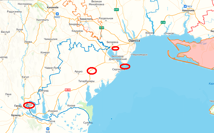    Удары беспилотников, ракет и планирующих бомб по мостам в Рени, у посёлка Сарата, в Затоке и у посёлка Маяки. Скриншот: lostarmour.info