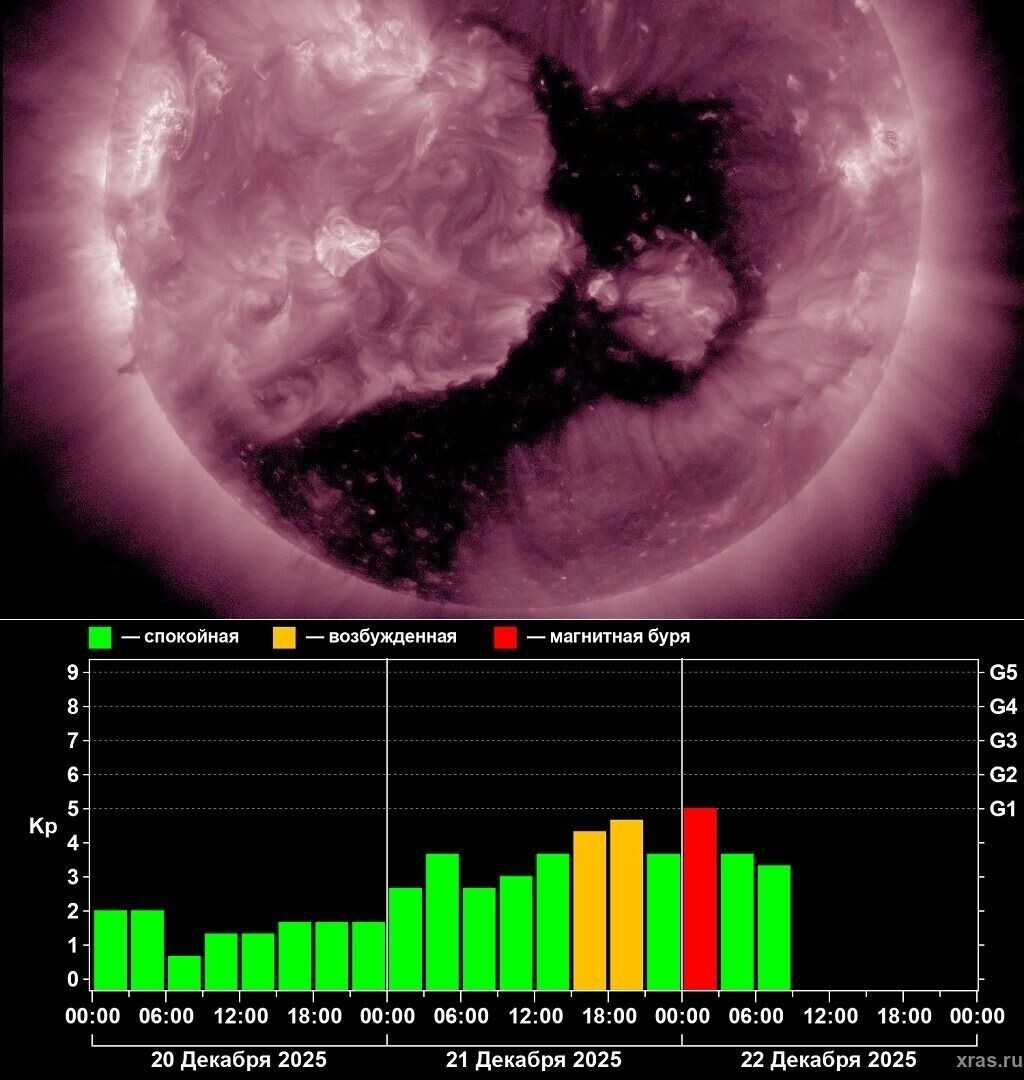 Корональная дыра на Солнце и график магнитных бурь. Фото: xras.ru
