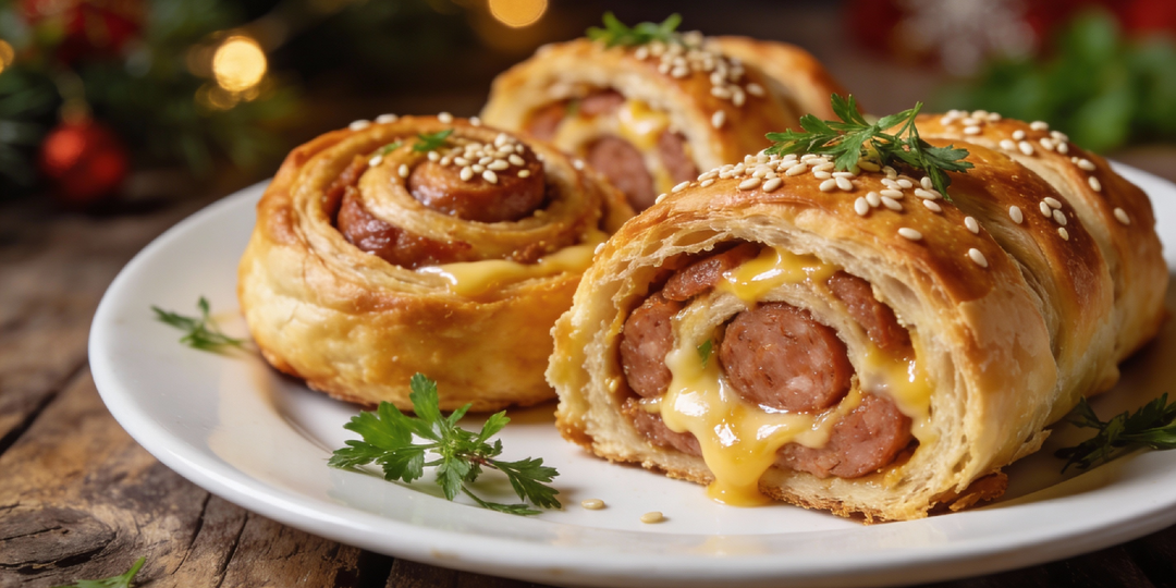 Рулетики из слоёного теста с колбасой и сыром: праздничная закуска за 30 минут