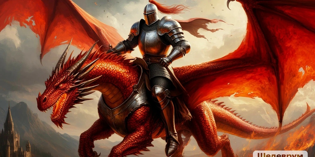 Рыцарь в сверкающих доспехах на огненном драконе