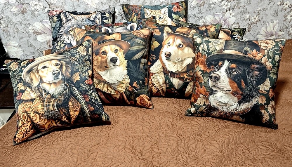 Слайдер фотографий реальных покупателей: Фото подушек с принтами Собаки Путешественники №1 — на диванах, в интерьерах, с разными тканями: грета, хлопок, вельбоа.