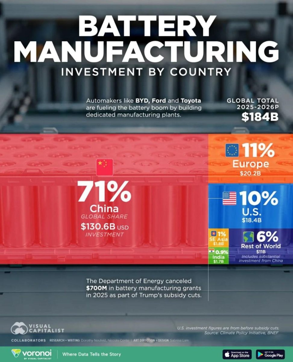    Кто лидирует в битве за аккумуляторы? Рейтинг стран по объему инвестиций / © Visual Capitalist