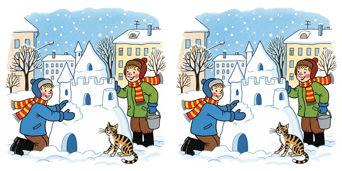 Найдите 4 отличия. Ребята строят снежный замок. 