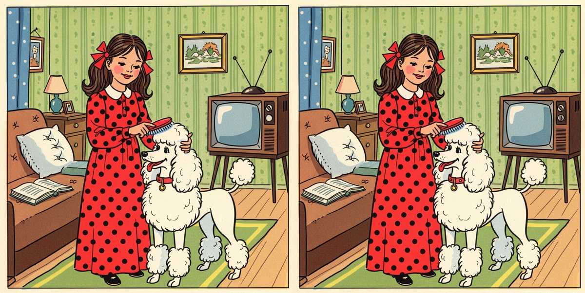 Найдите 4 отличия. Девочка и белый пудель. 