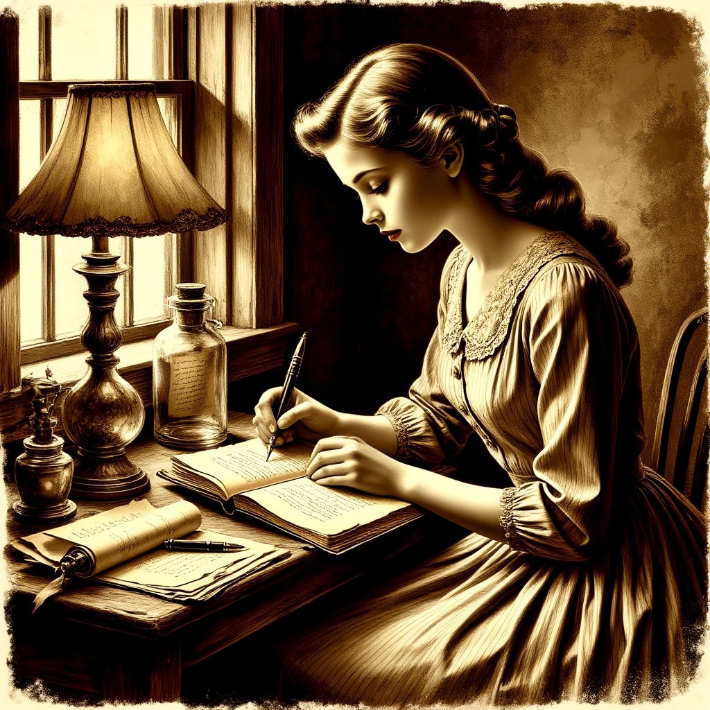 Иллюстрация в стиле винтажной гравюры:девушка в длинном платье эпохи 1940‑хсидит у окна с лампой, читает пожелтевшийдневник. На столе — стеклянная бутылка сrolled-up письмом, чернильница, перо.Мягкий свет падает на страницы. Тёплыесепиевые тона, детализированнаяпрорисовка. Настроение: тайна, ностальгия