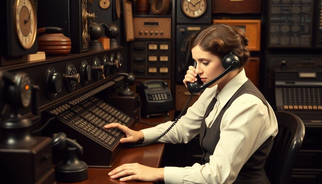    Изображение телефонистки на рабочем месте.