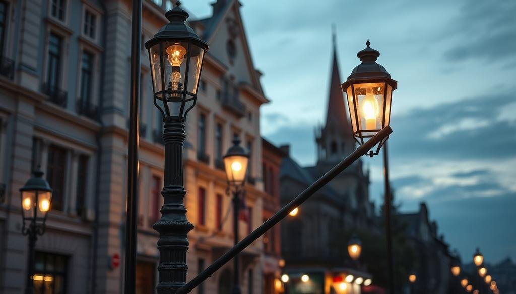    Фонарщик зажигает газовые фонари на улице.