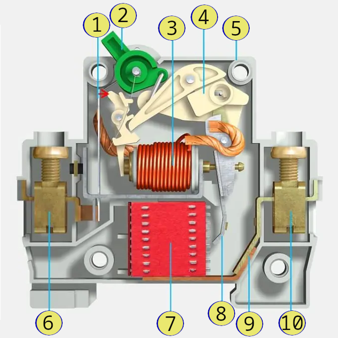 Автоматический выключатель в разрезе