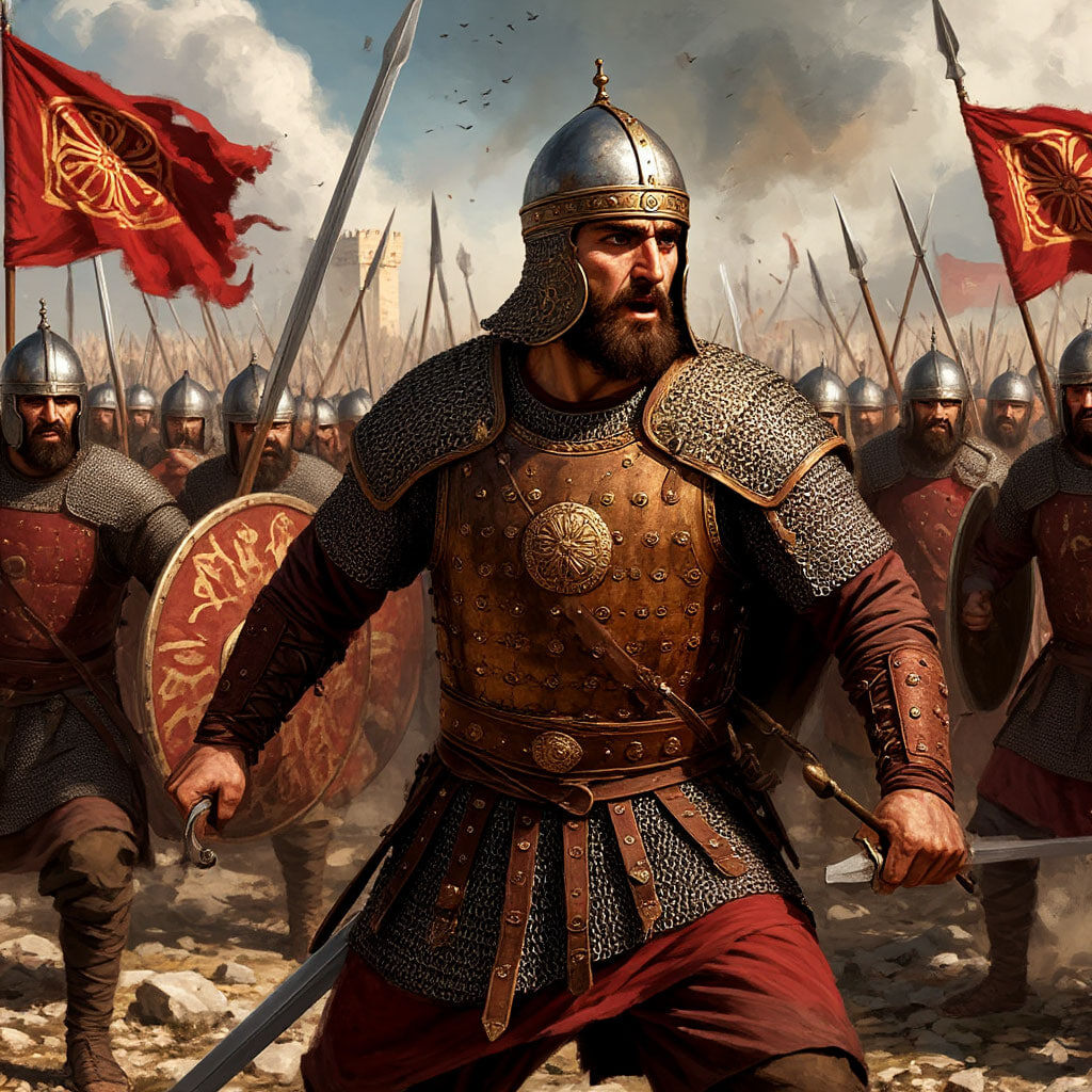 Византийский воин в бою. Генерация нейросети "Шедеврум".