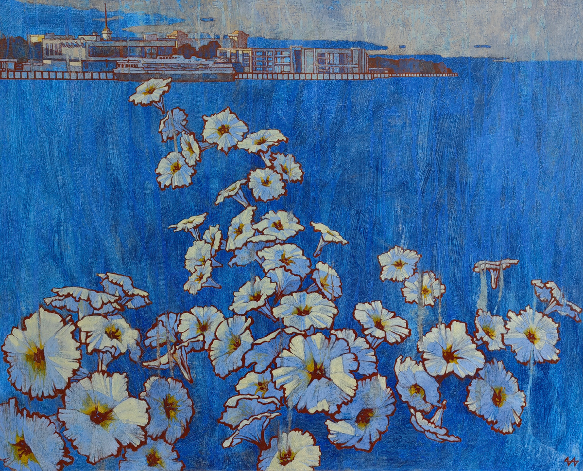 Ирина Ива. Давай уплывем на Юг. Южный речной вокзал. Холст, акрил, масло, 80х100, 2023г.