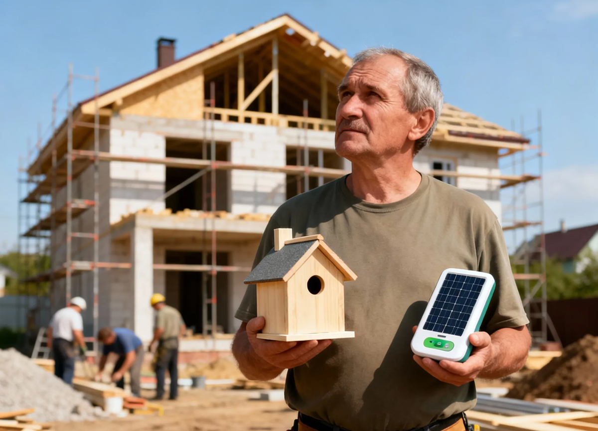 Соседи на стройплощадке жизни. Петрович как всегда в своём репертуаре: то скворечник, то "эко-гаджет" — а ведь, глядишь, и бизнес на пенсии сколотит.