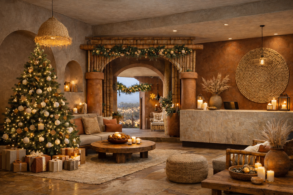 Лобби южного отеля в бохо-стилистике с новогодними акцентами. Источник: Estima
