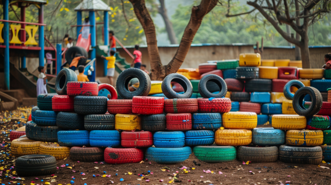 Из чёрной резины — в радужное детство. Каждая покрышка на этой площадке могла отравлять землю веками, но стала частью мечты индийских детей. Проект Anthill Creations превращает 100 миллионов выброшенных шин ежегодно в безопасные игровые пространства для тех, кто никогда не видел настоящей площадки.