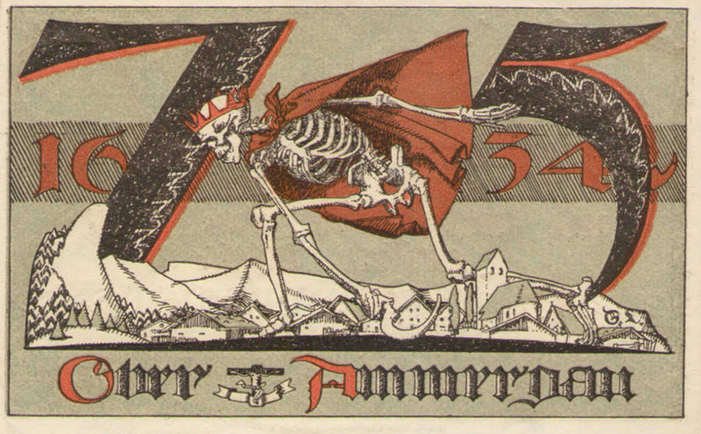 В 1634 году смерть бродила по сельской местности Германии, тысячи людей умерли от Черной чумы. Смерть, бубонная чума, скелет с косой отчётливо виден на обороте банкноты в 75 пфеннигов из деревни Обераммергау, с датой 1634. (Нотгельд Oberammergau, 1921)