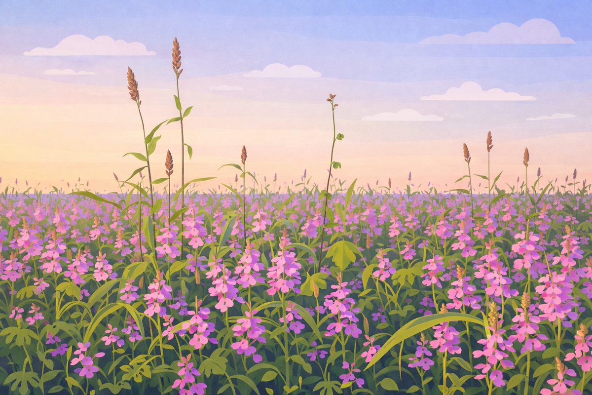 Поле, заросшее паразитическим сорняком стригой.