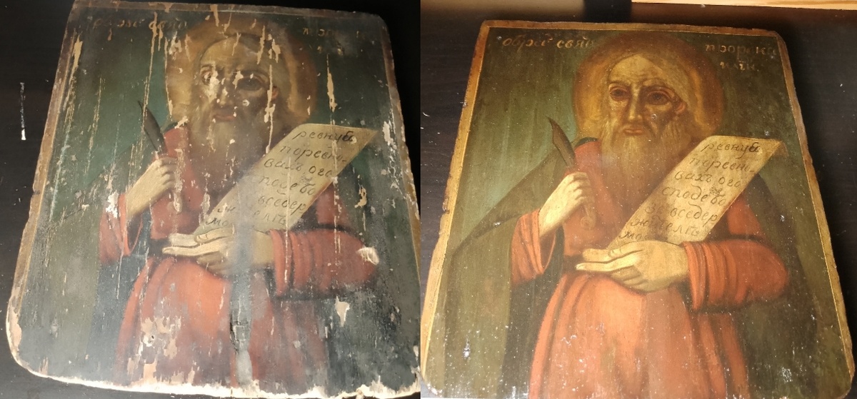 Икона Образ Святого Пророка Илии. Вид до и после реставрации. Фото автора.